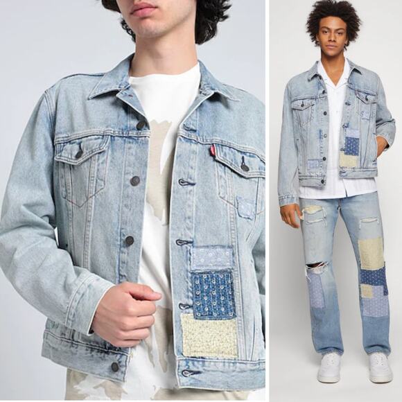 NWT LEVI'S JEAN JACKET MENS PREMIUM TRUCKER DISTRESSED PATCHWORK DENIM BLUE - Picture 2 of 14